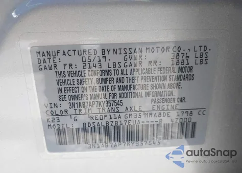 2019 Nissan Sentra S z USA, uszkodzony, nr VIN 3N1AB7AP7KY357545